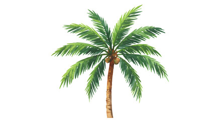 Naklejka premium A vibrant watercolor painting depicts a single, tall palm tree against a white or transparent background, showcasing its lush green fronds and brown trunk.