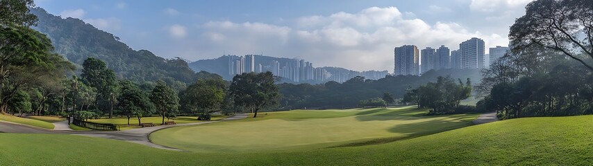 Green golf course surrounded by trees with city buildings far away