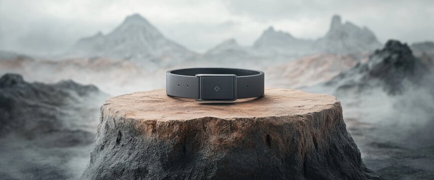 Dark gray wearable tech rests on a wood stump, set against a hazy mountain backdrop