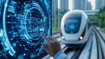 Transport technology, Engineer technician use virtual interface control panel and AI software Inspect and control the operation of electric monorail railway system in central of junction network