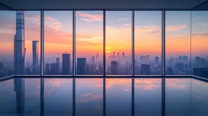 Fototapeta premium Floor-to-ceiling windows reveal panoramic city skyline at dawn, golden sunlight illuminating skyscrapers, modern penthouse with polished dark floor reflecting misty tall buildings in ambiance.