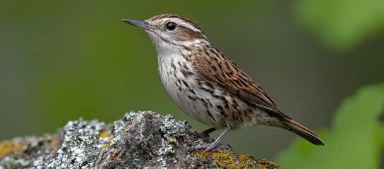 Fototapeta premium Small brown and white bird perched on a rock, looking to the left against a blurred green background.