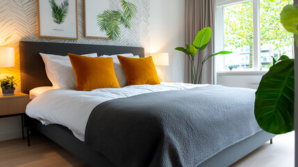 Stylish bedroom interior design featuring large bed and patterned wallpaper modern apartment digital photography cozy environment eye-level view home decor concept