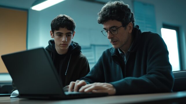 Professor assisting college student with laptop in classroom during computer lesson. Teacher talking and explaining to guy. Mature man lecturer helping high school teen with laptop during lecture.