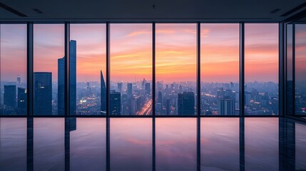 Fototapeta premium Floor-to-ceiling windows reveal panoramic city skyline at dawn, golden sunlight illuminating skyscrapers, modern penthouse with polished dark floor reflecting misty tall buildings in ambiance.
