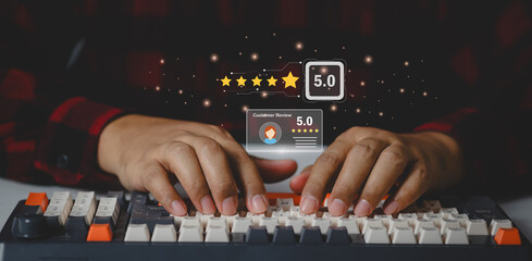 Customer satisfaction digital review system. user rates service using online feedback interface on...