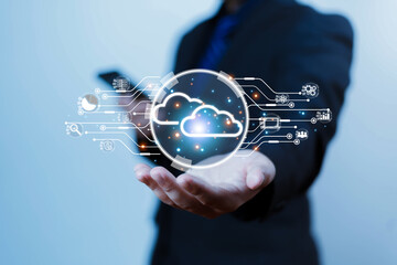 Backup database storage cloud compputing technology, Data storage and file data transfer sharing concept, Businessman showing cloud computing icon on hand, big data
