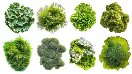 Set of green aquatic moss coral reefs, cut out