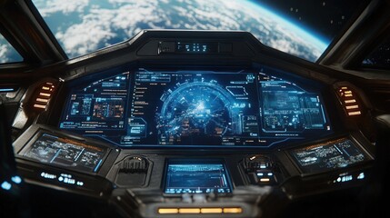 Obraz premium Futuristic spaceship cockpit view, Earth visible through window