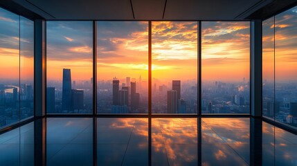 Fototapeta premium Floor-to-ceiling windows reveal panoramic city skyline at dawn, golden sunlight illuminating skyscrapers, modern penthouse with polished dark floor reflecting misty tall buildings in ambiance.
