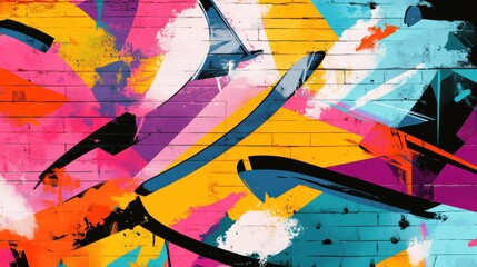 Naklejka premium Colorful graffiti wall with dynamic abstract shapes, bold colors, and expressive street art strokes, creating an energetic pop art background illustration