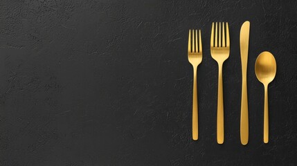 Luxurious holiday dining concept, golden utensils on a textured black background. Christmas and New Year table decor with space for text.