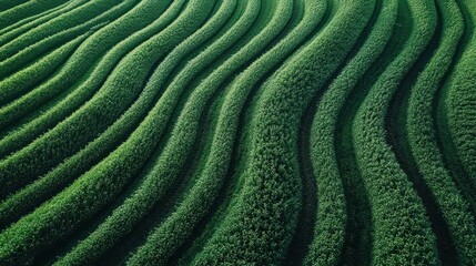Fototapeta premium Lush green terraced fields, a captivating aerial view of agricultural landscape. Rows of vibrant green foliage, meticulously arranged in a repeating pattern. Natural beauty, peaceful scene