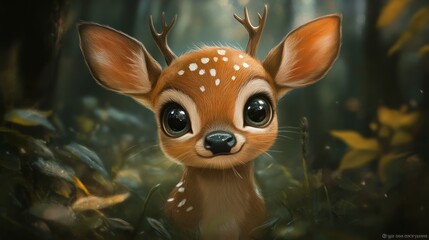 Whimsical deer face with big eyes and tiny antlers, forest-inspired background