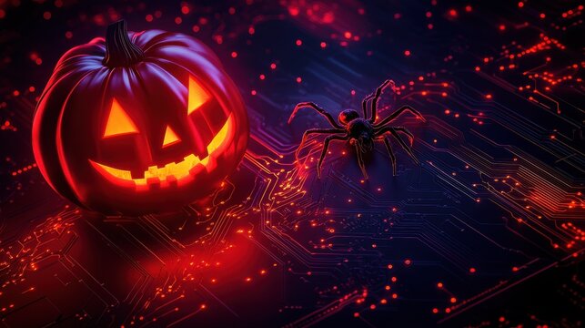 Cybersecurity Halloween: Jack-o'-lantern and spider on a digital circuit board, symbolizing the spooky side of online threats. Perfect for Halloween-themed cybersecurity awareness campaigns. illustra - Powered by Adobe