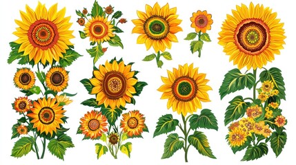 Set of Bright Sunflowers in Full Bloom