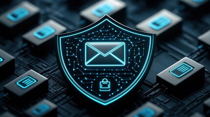 A digital shield symbolizing email security against cyber threats, featuring a lock and circuitry on a dark background with glowing blue accents.
