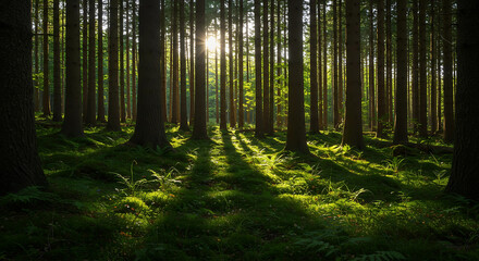 Fototapeta premium Sunlight shining through trees in a dense green forest