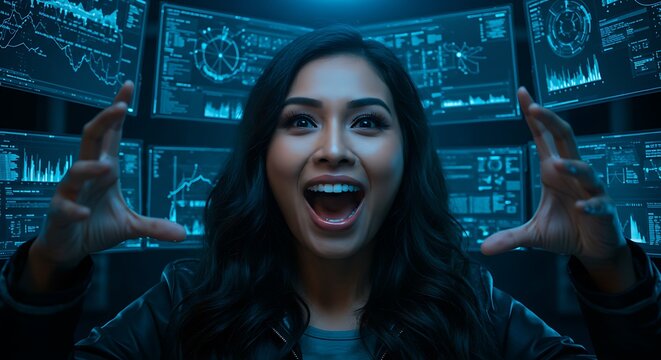 Woman Interacting with Futuristic Holographic Interfaces