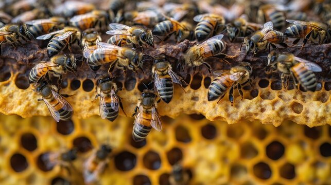 Many bees on a honeycomb, working together to create honey