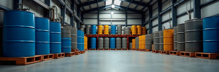 Barrel Containers in Industrial Warehouse for Chemical Storage