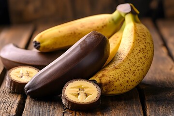 Fresh and Chocolate-Covered Bananas on Wooden Surface for Dessert or Snack Design