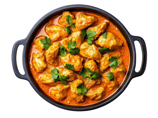 Fototapeta premium Delicious chicken curry in a black pot garnished with cilantro, cut out
