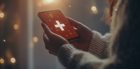 A woman's hands holding a medical cross icon on a virtual screen, surrounded by healthcare icons, hospital imagery, and medical technology concepts