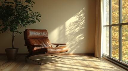 Sunlit room with leather armchair, plant, and autumnal view