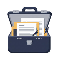 Briefcase with Business Documents and Pens on Transparent Background