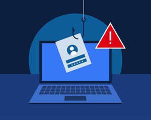 Social engineering, phishing or stealing of private data, private information or password. Cybercrime phishing alert. Laptop with phishing hook, user field and red warning sign. Vector illustration.