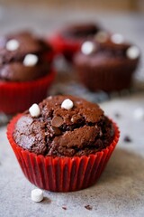 Homemade hot chocolate muffins with mini marshmallows, selective focus