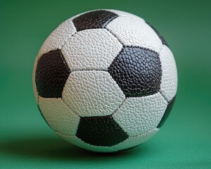 Close-up of a textured soccer ball on a vibrant green background