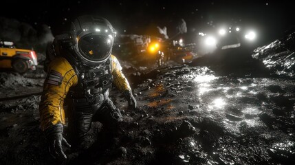 Fototapeta premium Astronaut on a dark, muddy lunar surface, near vehicles and other astronauts