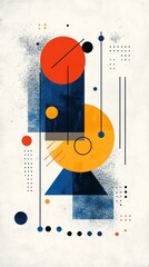 Obraz premium Geometric abstract art featuring circles, squares, and triangles in orange, yellow, and blue hues on a textured background