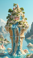 Fototapeta premium A melting ice cream cone with a surreal landscape inside, featuring waterfalls and floating islands, highly detailed food photography, creative, food advertisement template, modern food ad