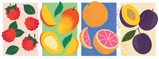 Raspberries, plums, grapefruit, and mango – Colorful Fruit Vector Illustration poster design