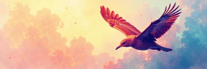 Obraz premium Flying Bird in Flight Silhouette with Watercolor Texture, flight, wildlife