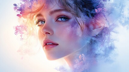 Dreamy Watercolor Portrait with Soft Pastel Tones, Capturing a Serene Expression