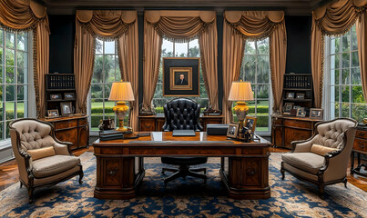 Elegant Home Office Interior with Large Desk and Comfortable Chairs