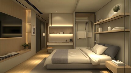 Serene interior design of a modern bedroom in neutral tones showcasing simplicity