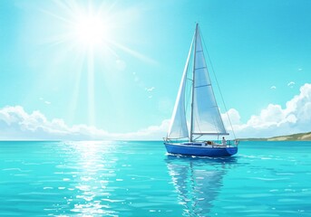 Fototapeta premium Serene sailboat on turquoise water bright sunlight. AI Generated