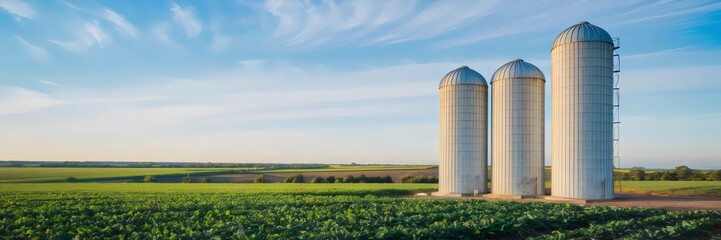 Tall silos in expansive fields with clear sky &ndash; Perfect for rural landscape, farming, or agriculture-related content.