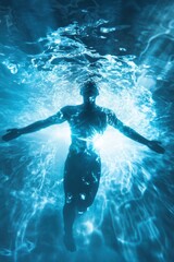 Fototapeta premium Rejuvenation Concept with Glowing Figure Emerging from Crystal-Clear Water