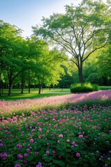 a large field of flowers in a park with trees and grass
