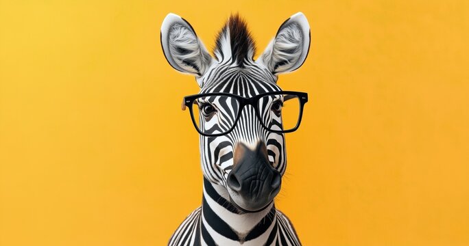 Un z&egrave;bre portant des lunettes sur un fond orange dans un style et humoristique, photographie de portrait, image avec espace pour texte.