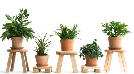 Fototapeta premium Set of indoor plants in pots on wooden stools, cut out