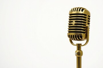 Fototapeta premium Close-up shot of a single gold microphone on white background, design, texture