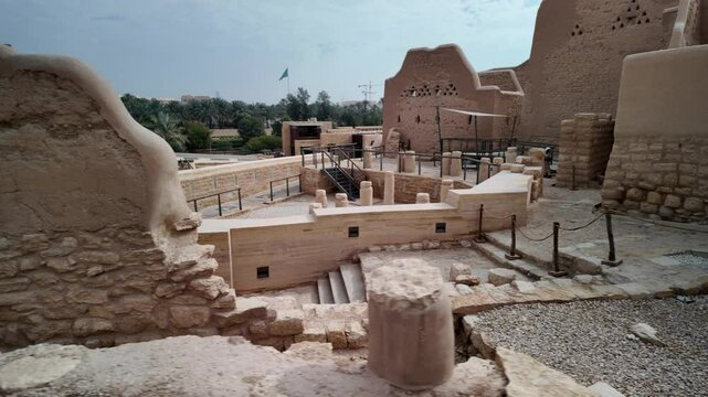 the expansive layout of Diriyah near Riyadh in Saudi Arabia, showcasing its distinctive mud-brick architecture and rich cultural heritage under a vibrant sky
