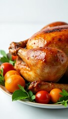 Juicy roasted thanksgiving turkey with crispy skin close-up on white background, Holiday, Thanksgiving, Roasted